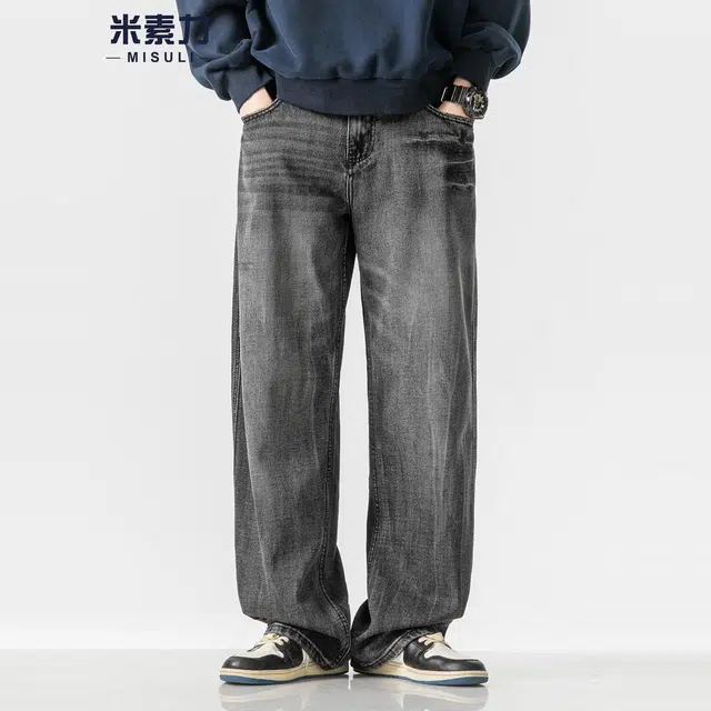 米素力 水洗高端宽松直筒复古中腰牛仔裤 男女同款
