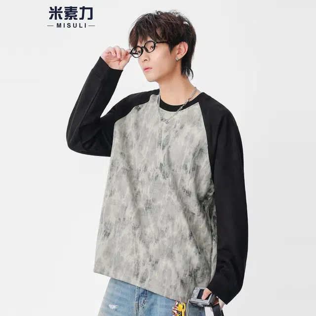 米素力 拼色插肩袖秋季印花长袖潮套头卫衣 男款