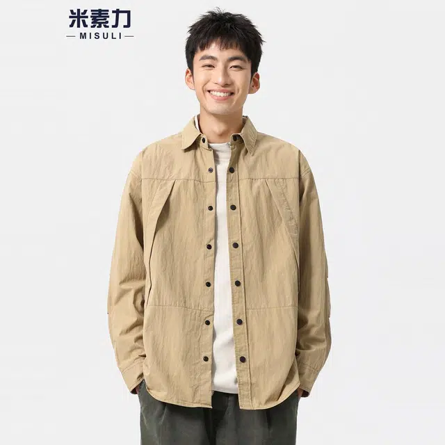 米素力 宽松工装长袖纯色落肩袖户外风衬衫 男女同款