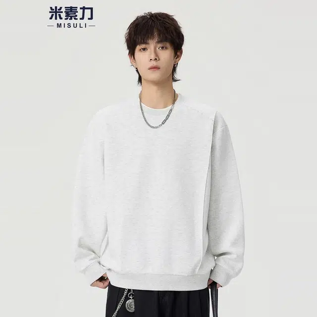 米素力 纯色假两件圆领落肩袖潮套头卫衣 男女同款