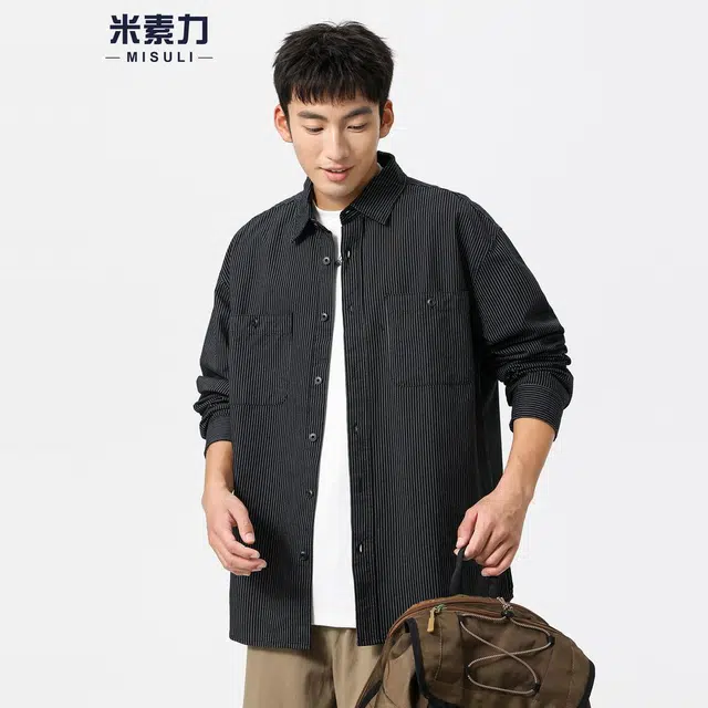米素力 条纹百搭通勤落肩袖长袖美式衬衫 男女同款