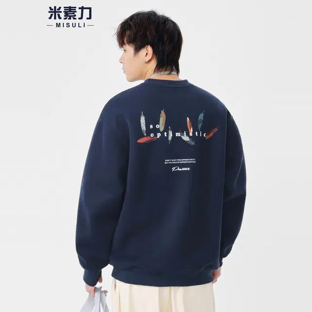 米素力 秋季圆领休闲印花落肩袖美式套头卫衣 男女同款