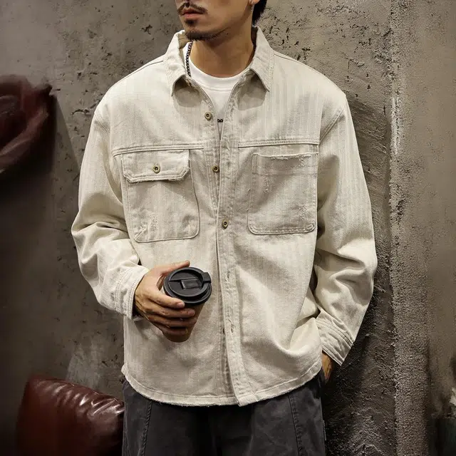 路杰邦 高级感灰白色衬衫男春秋潮牌美式复古破洞工装夹克宽松外牛仔外套 男款