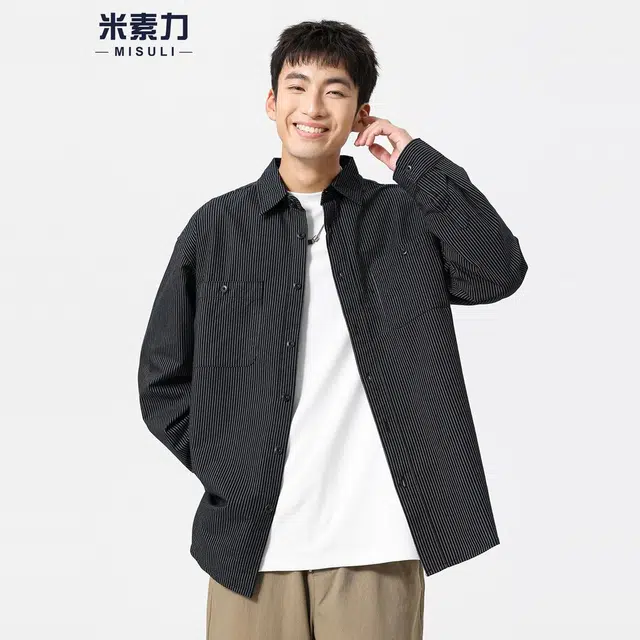米素力 条纹百搭通勤落肩袖长袖美式衬衫 男女同款