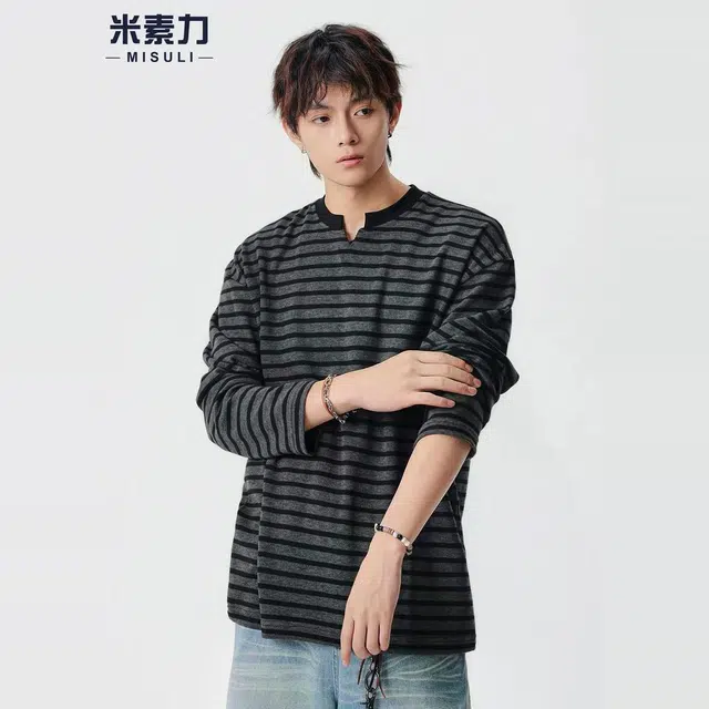 米素力 黑白条纹长袖休闲落肩袖潮套头卫衣 男女同款