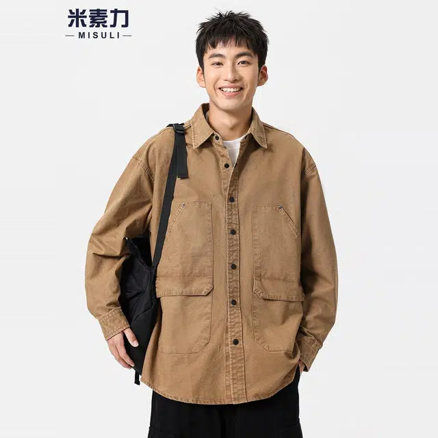 米素力 纯棉长袖秋季纯色落肩袖轻奢风衬衫 男款