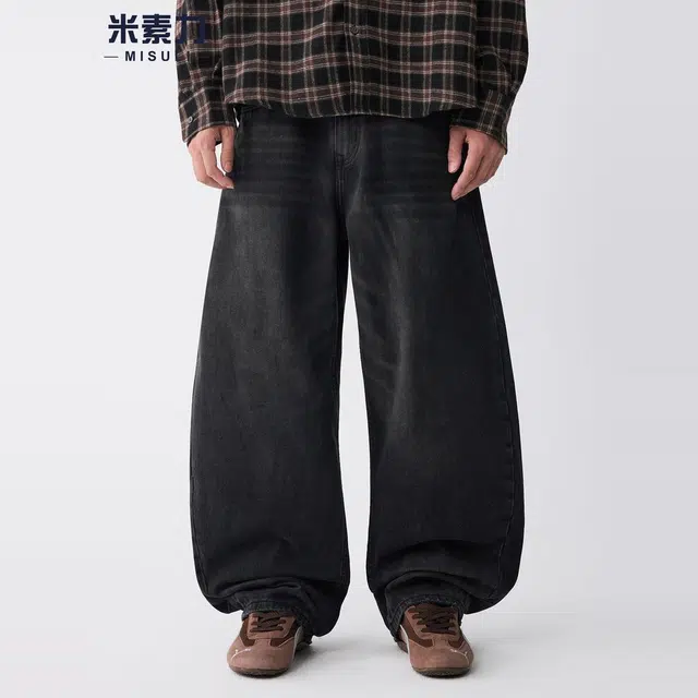 米素力 复古高街纯色宽松休闲中腰牛仔裤 男女同款