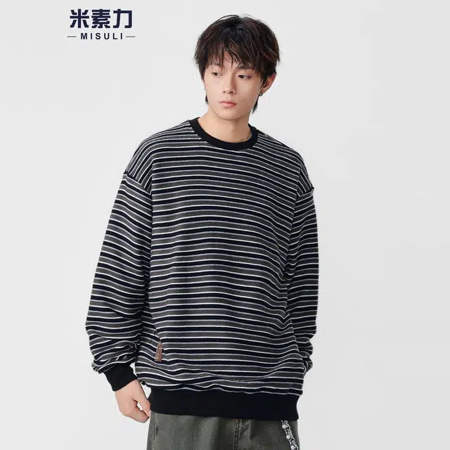 米素力 重磅条纹圆领复古刺绣落肩袖潮套头卫衣 男女同款