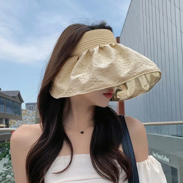 稻草人 浮雕压花设计 空顶宽帽檐透气 聚酯纤维 防晒帽 女款