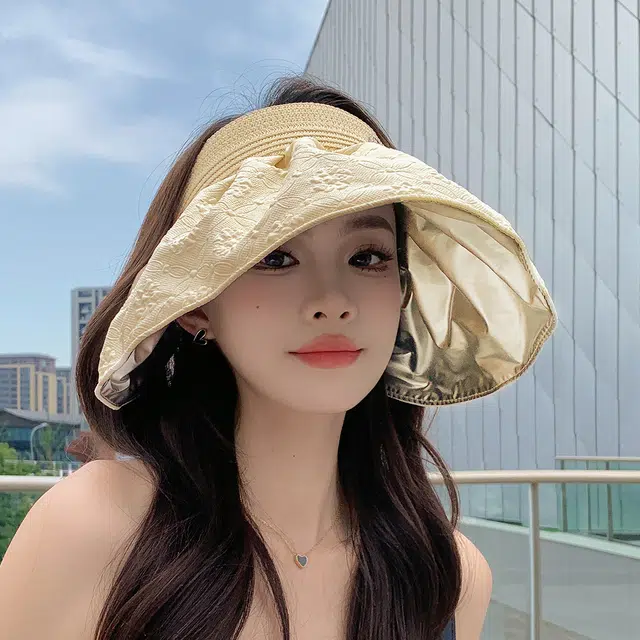 稻草人 浮雕压花设计 空顶宽帽檐透气 聚酯纤维 防晒帽 女款