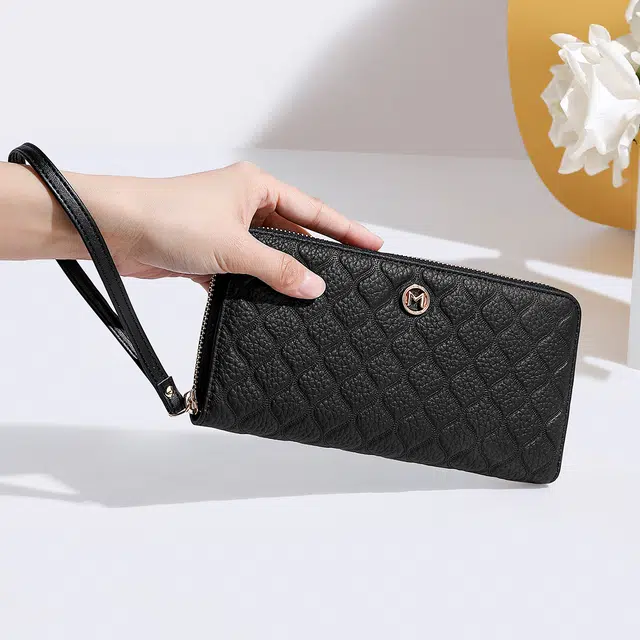 稻草人 高级感小香风菱格拉链开合长款多卡位 牛皮 手拿包 女款 黑色/米白/粉色