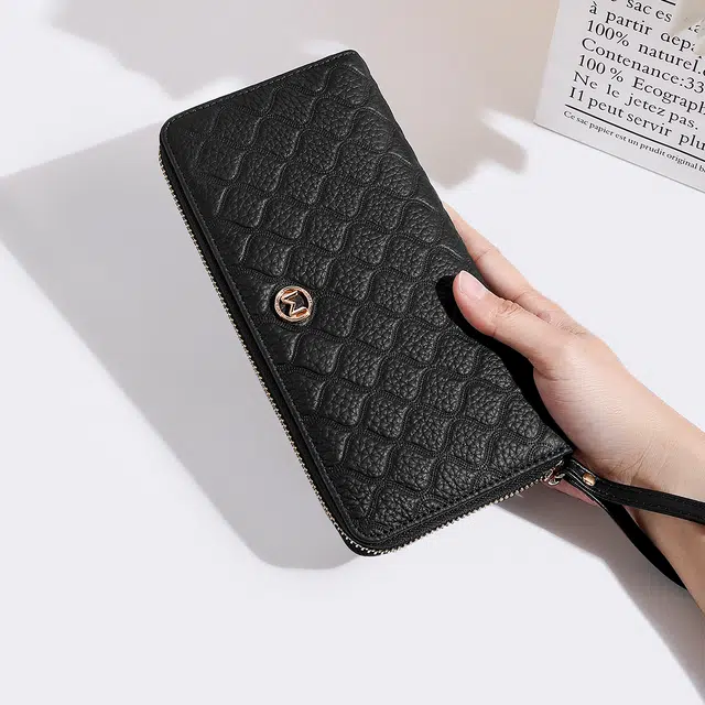 稻草人 高级感小香风菱格拉链开合长款多卡位 牛皮 手拿包 女款 黑色/米白/粉色