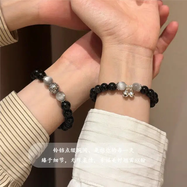 琅风 转运珠新中式高级感小众设计好运铃铛潮流百搭天然 黑曜石 手串 男女同款情侣款