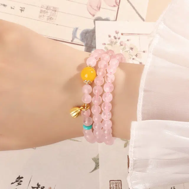 【好运莲莲】 琅风 三层多圈叠戴黄玛瑙转运珠莲花高级设计感新中式天然 粉水晶 手串 女款