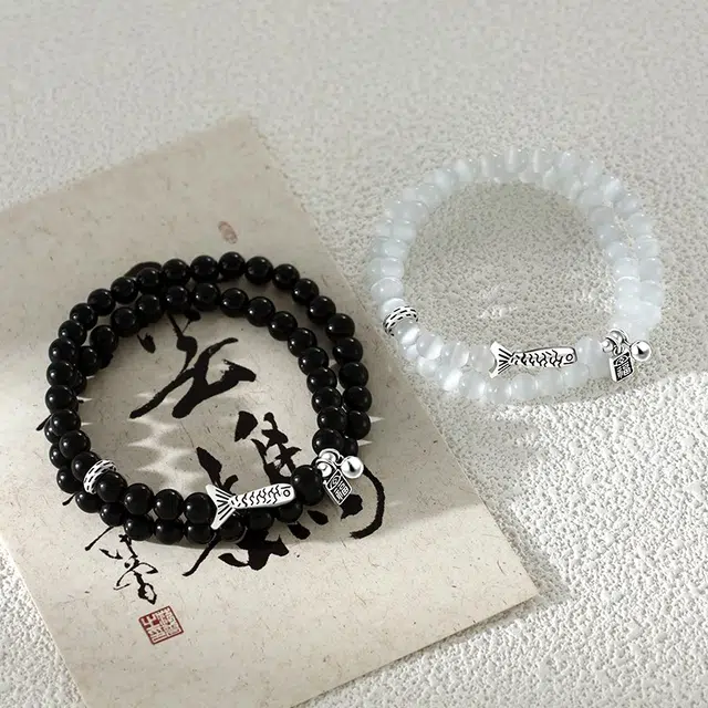 【纯银 | 异地可分开发货】 琅风 双层锦鲤福牌转运珠一对叠戴可调高级设计感潮流#好运 黑曜石 手串 男女同款情侣款