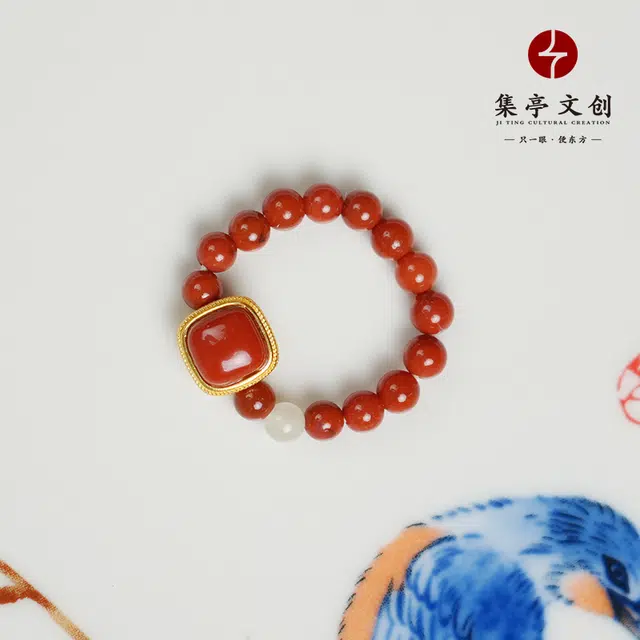 集亭 方糖 鸿运当头 好运在手 南红 名贵玉石戒指 男女同款情侣款