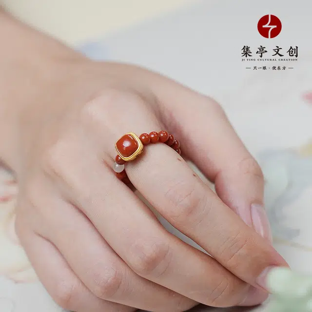 集亭 方糖 鸿运当头 好运在手 南红 名贵玉石戒指 男女同款情侣款