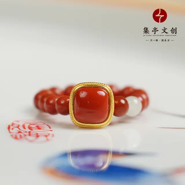 集亭 方糖 鸿运当头 好运在手 南红 名贵玉石戒指 男女同款情侣款