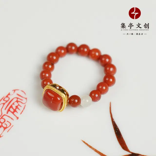 集亭 方糖 鸿运当头 好运在手 南红 名贵玉石戒指 男女同款情侣款