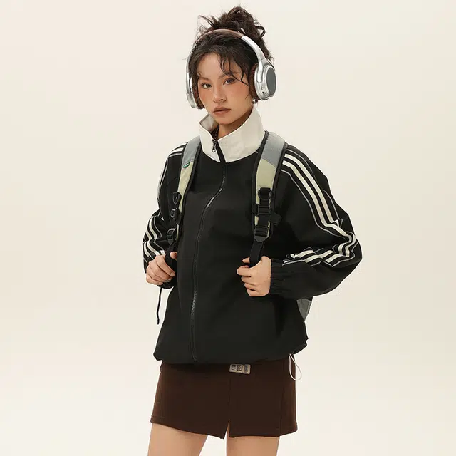 美式纯色基础侧肩条纹宽松百搭防风防水夹克外套 男女同款