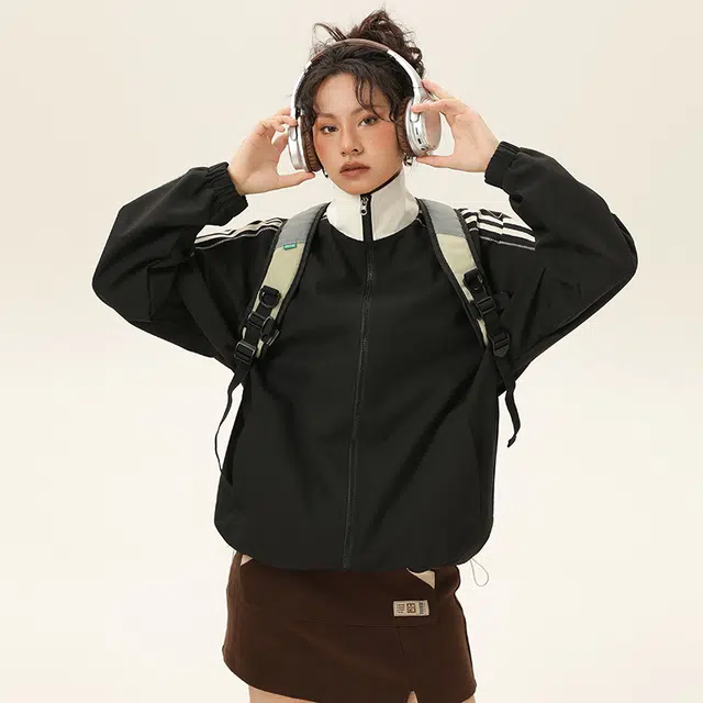 美式纯色基础侧肩条纹宽松百搭防风防水夹克外套 男女同款