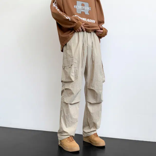 金贝勒 纯色大口袋薄款系带宽松工装裤 男女同款