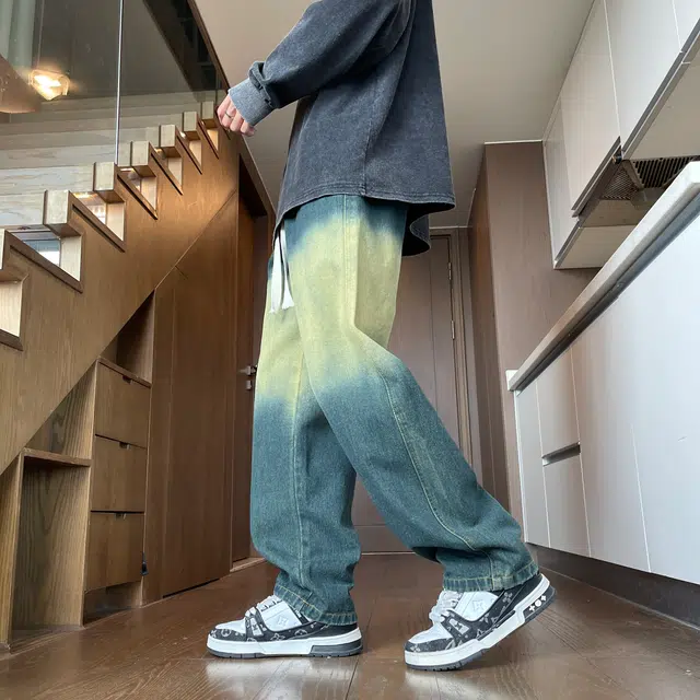 金贝勒 美式复古高街水洗做旧渐变宽松百搭直筒牛仔裤 男女同款 黑色