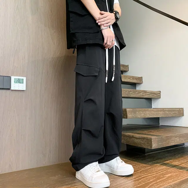金贝勒 多褶皱口袋装饰运动卫裤宽松阔腿垂感拖地休闲裤 男女同款
