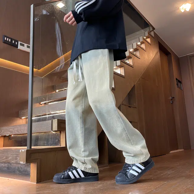 金贝勒 美式复古高街水洗做旧渐变宽松百搭直筒牛仔裤 男女同款 黑色