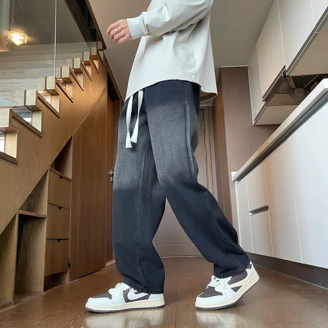 金贝勒 美式复古高街水洗做旧渐变宽松百搭直筒牛仔裤 男女同款 黑色