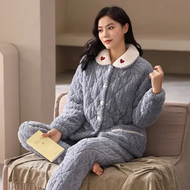多拉美 冬季三层夹棉珊瑚绒睡衣 加厚加绒三层夹棉超厚特厚开衫可外穿家居套装长袖长裤 女款 灰蓝