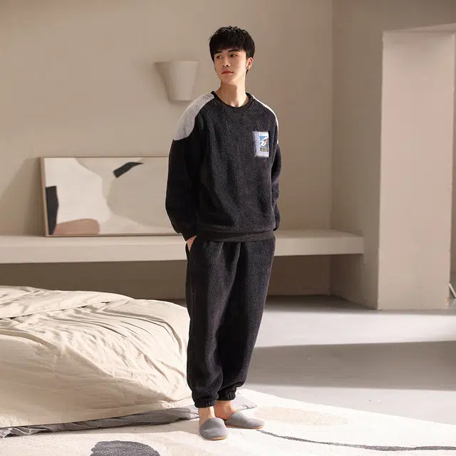 多拉美 冬季珊瑚绒睡衣 加厚加绒保暖套头法兰绒可外穿家居套装长袖长裤 男款 碳灰