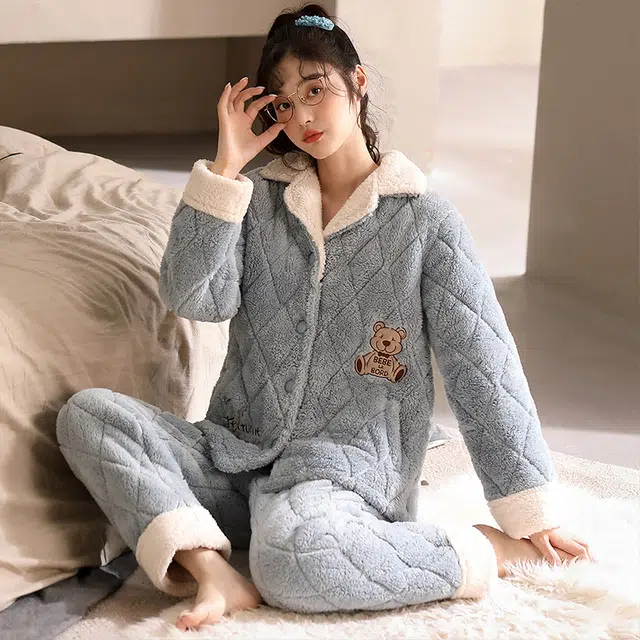 多拉美 冬季三层夹棉珊瑚绒睡衣 甜美少女翻领加厚加绒三层夹棉超厚牛奶绒可外穿家居套装长袖长裤 女款 灰蓝