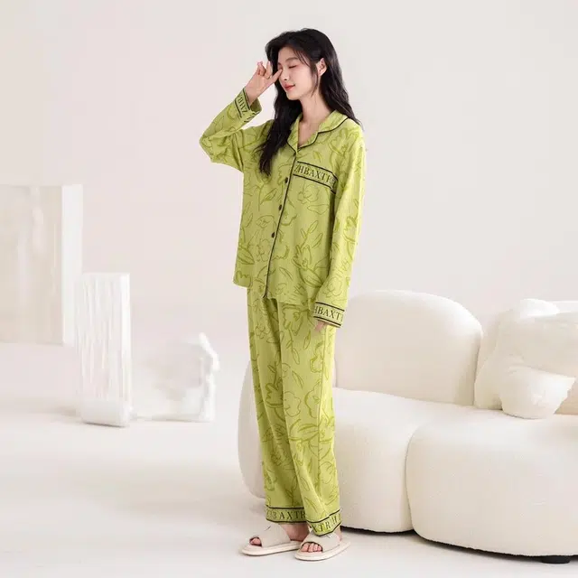 多拉美 树纹提花长袖开衫长裤可外穿女士睡衣套装 女款 果绿