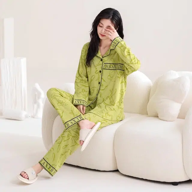 多拉美 树纹提花长袖开衫长裤可外穿女士睡衣套装 女款 果绿