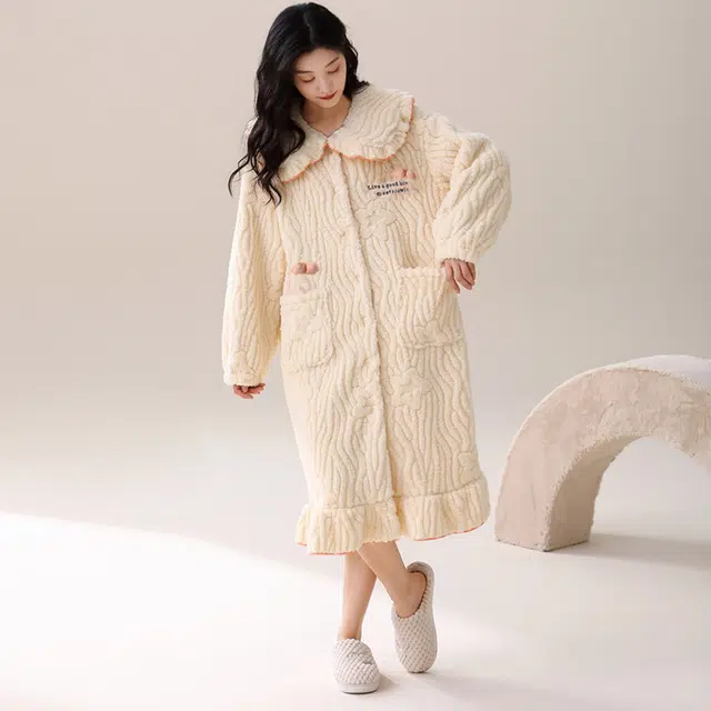 多拉美 冬季三层夹棉珊瑚绒睡袍 甜美中长款加厚加绒家居服保暖晨袍家居睡袍长袖睡袍 女款 浅黄