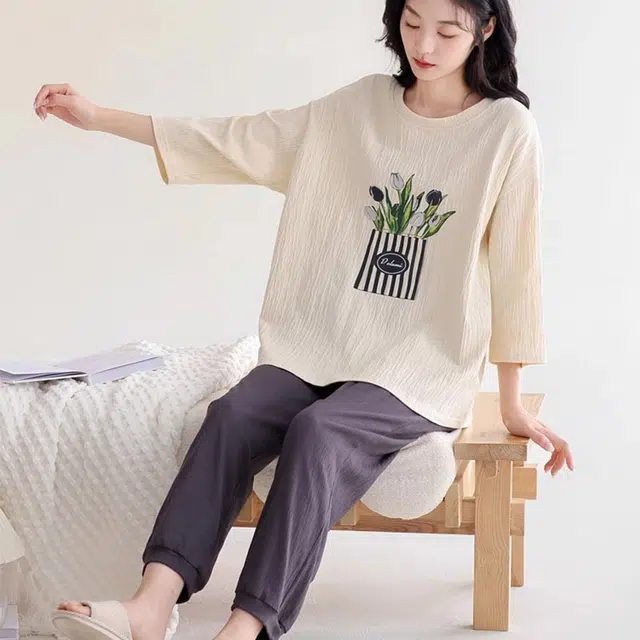 多拉美 纯色简约休闲日系风长袖长裤可外穿睡衣套装 女款 杏色