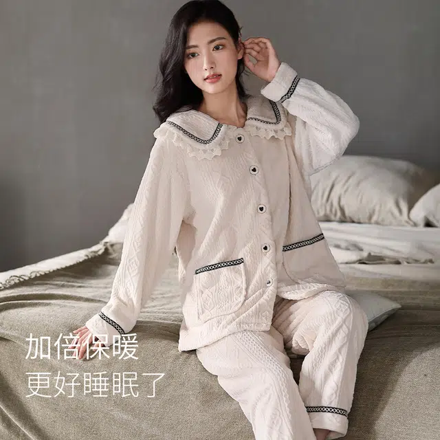 多拉美 冬季珊瑚绒睡衣 小清新加绒加厚保暖休闲宽松法兰绒可外穿家居套装长袖长裤 女款 米白
