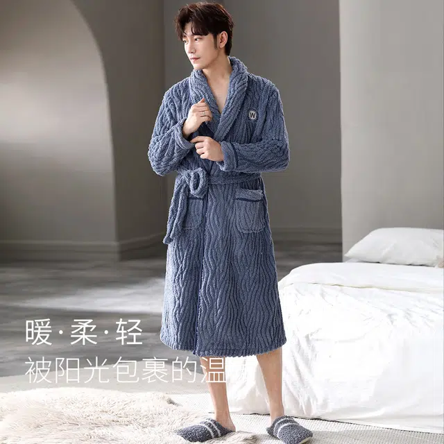 多拉美 冬季珊瑚绒睡袍 睡袍男秋冬中长款加绒法兰绒浴袍家居睡袍长袖睡袍 男款 牛仔蓝