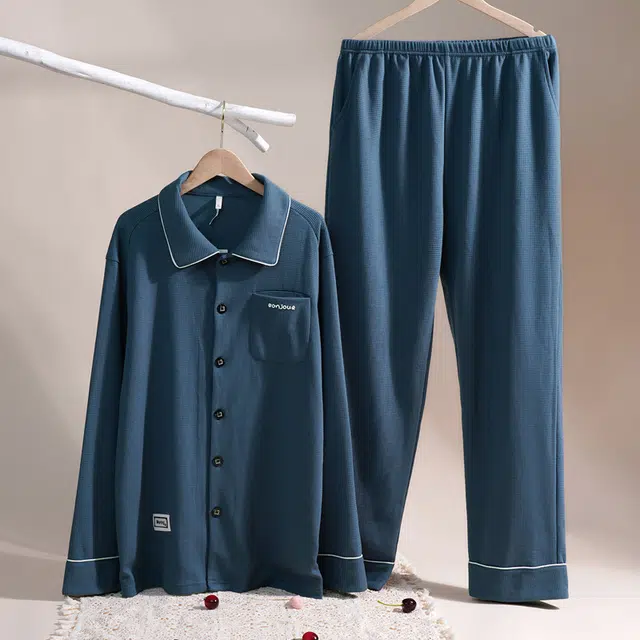 多拉美 春秋棉质开衫简约风可外穿睡衣 华夫格子家居服男款 长袖长裤家居套装   男款  深蓝色