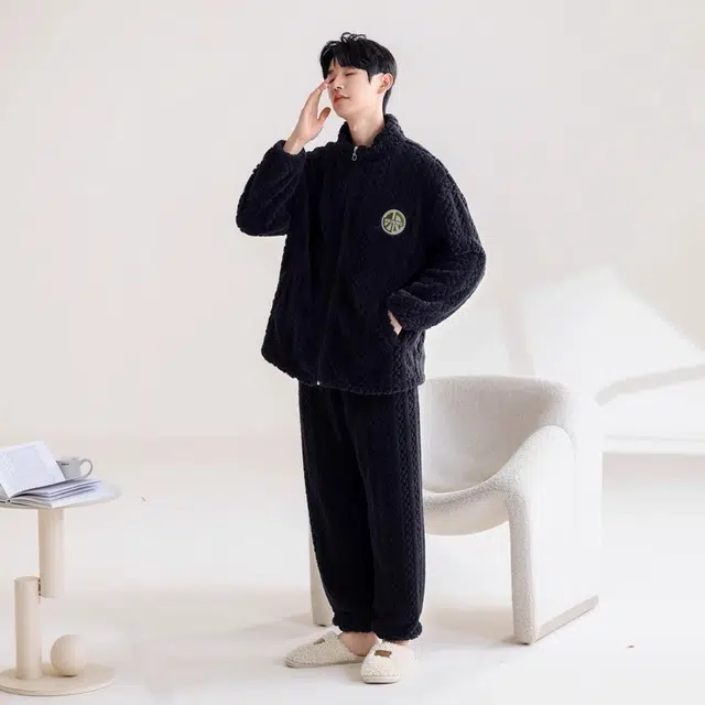 多拉美 亲肤舒适加厚长袖长裤家居服保暖睡衣套装 男款 黑色