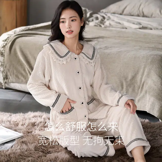 多拉美 冬季珊瑚绒睡衣 小清新加绒加厚保暖休闲宽松法兰绒可外穿家居套装长袖长裤 女款 米白