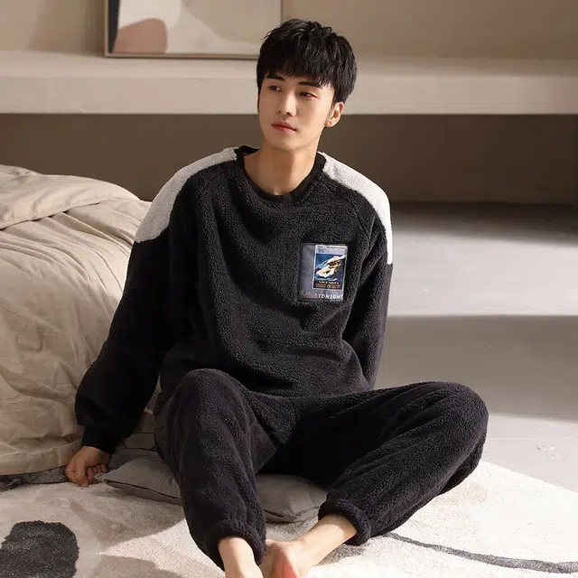 多拉美 冬季珊瑚绒睡衣 加厚加绒保暖套头法兰绒可外穿家居套装长袖长裤 男款 碳灰
