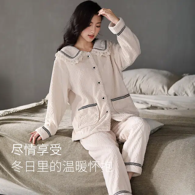 多拉美 冬季珊瑚绒睡衣 小清新加绒加厚保暖休闲宽松法兰绒可外穿家居套装长袖长裤 女款 米白