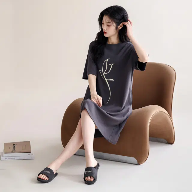 多拉美 高级感简约纯棉短袖柔软舒适可外穿睡裙 女款 深灰