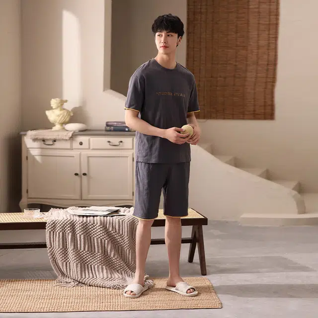 多拉美 圆领套头柔软舒适休闲青少年男士可外穿短袖五分裤睡衣套装 男款 礼盒装 深灰