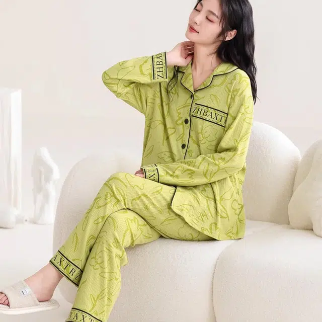 多拉美 树纹提花长袖开衫长裤可外穿女士睡衣套装 女款 果绿