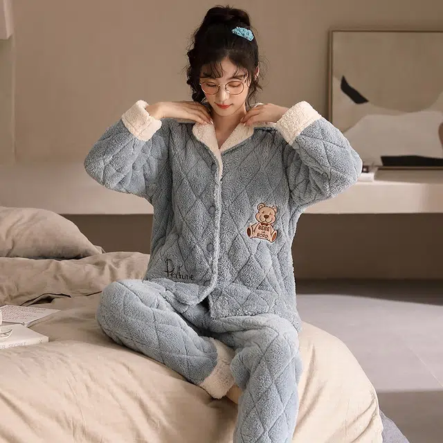多拉美 冬季三层夹棉珊瑚绒睡衣 甜美少女翻领加厚加绒三层夹棉超厚牛奶绒可外穿家居套装长袖长裤 女款 灰蓝