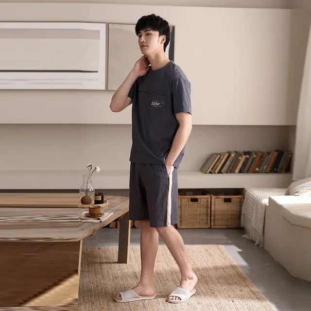 多拉美 圆领简约上衣松紧腰短裤睡衣套装 男款 深灰