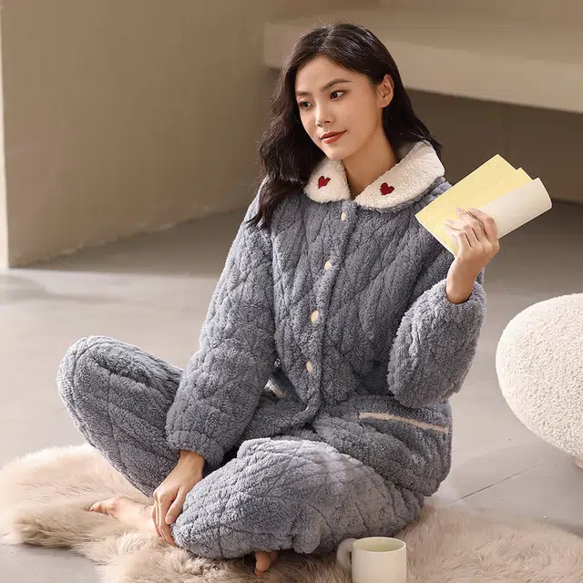 多拉美 冬季三层夹棉珊瑚绒睡衣 加厚加绒三层夹棉超厚特厚开衫可外穿家居套装长袖长裤 女款 灰蓝